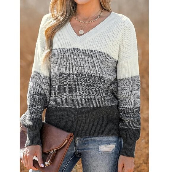 CUPSHE Women Sweater Striped V-Neck Tops‎ Long Drop Sleeve Pullover Casual (S) - Picture 2 of 5